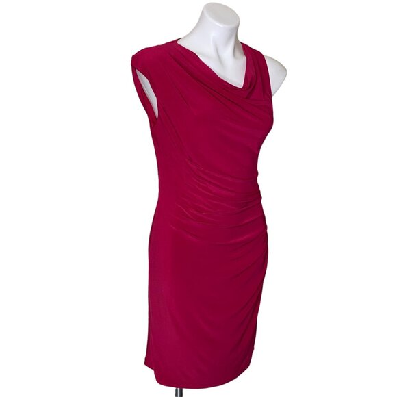 Adrianna Papell Berry Sheath Dress Dramatic Asymmetrical Sleeve Cowl Neck Size 6 - Picture 3 of 10